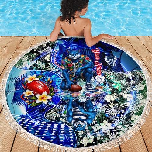 Personalized Geelong Football Cats Beach Blanket Tropical Hibiscus Flowers - Pacific Fusion Style