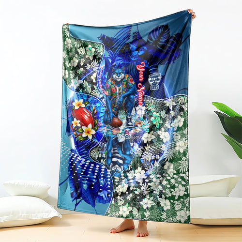 Personalized Geelong Football Cats Blanket Tropical Hibiscus Flowers - Pacific Fusion Style