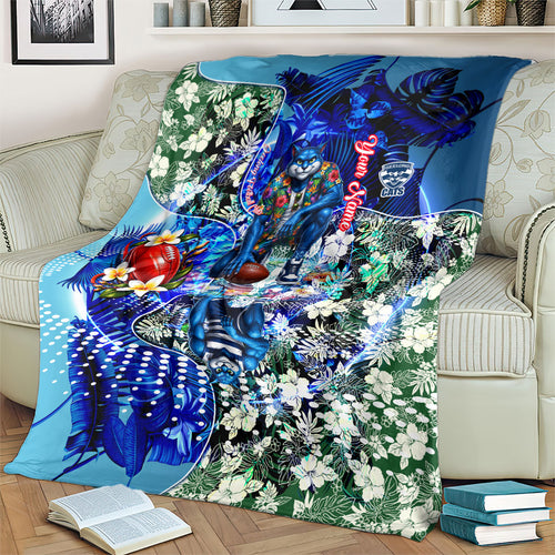 Personalized Geelong Football Cats Blanket Tropical Hibiscus Flowers - Pacific Fusion Style