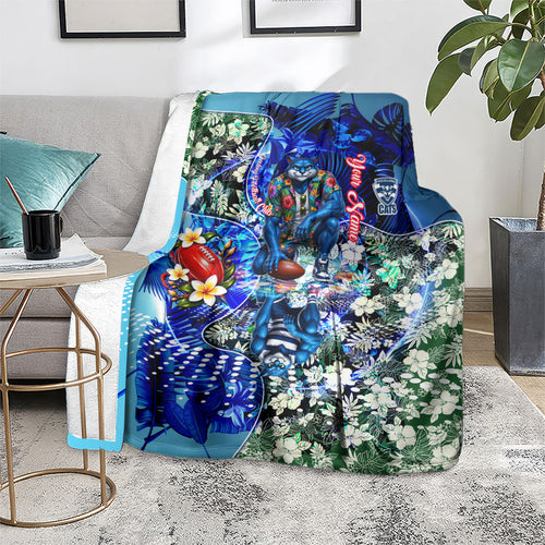 Personalized Geelong Football Cats Blanket Tropical Hibiscus Flowers - Pacific Fusion Style