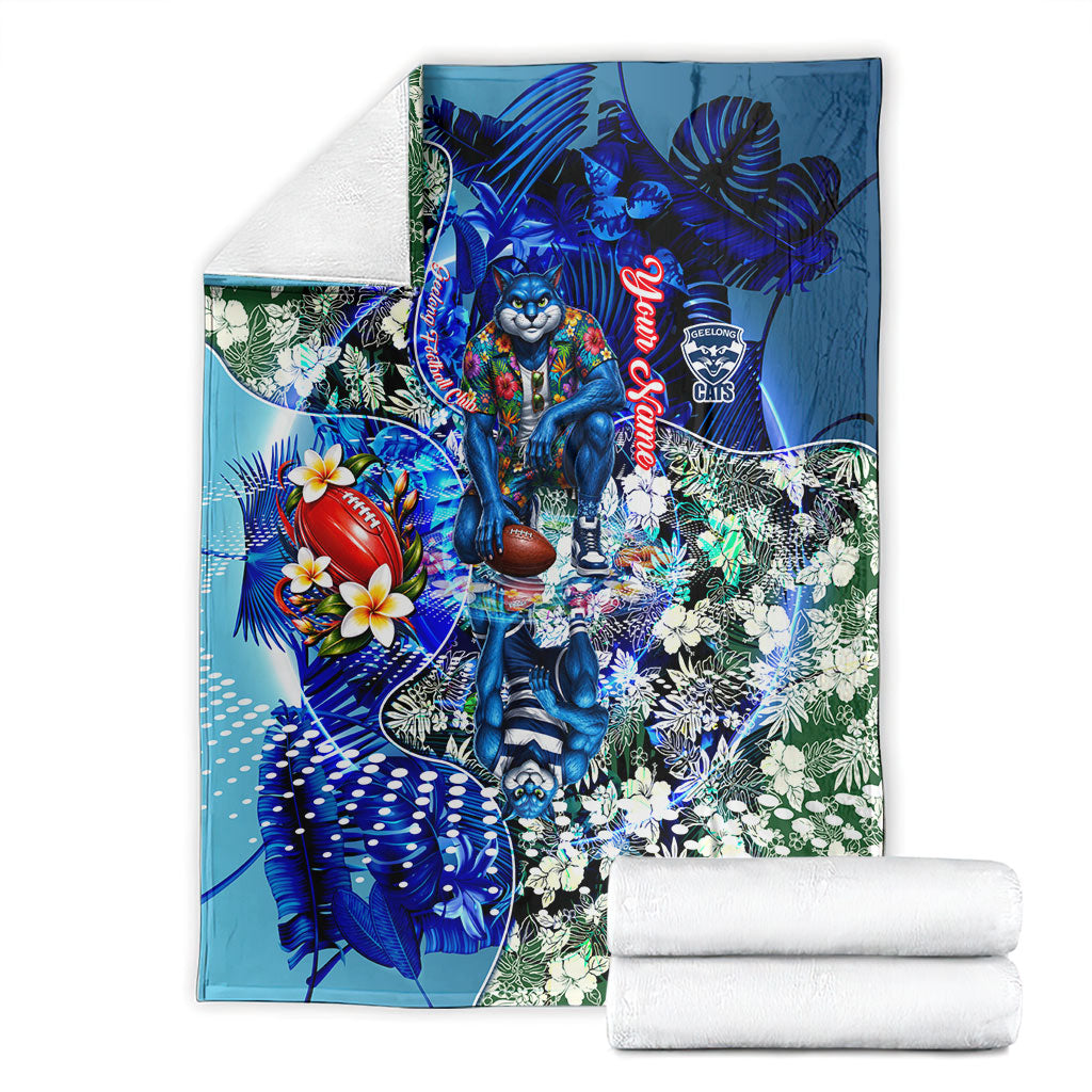 Personalized Geelong Football Cats Blanket Tropical Hibiscus Flowers - Pacific Fusion Style
