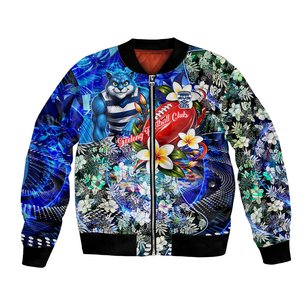 Personalized Geelong Football Cats Bomber Jacket Tropical Hibiscus Flowers - Pacific Fusion Style