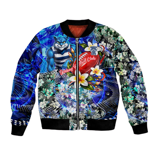 Personalized Geelong Football Cats Bomber Jacket Tropical Hibiscus Flowers - Pacific Fusion Style