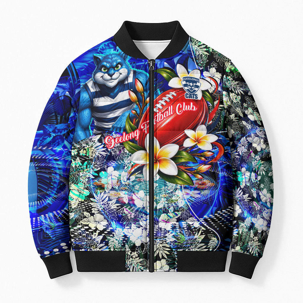 Personalized Geelong Football Cats Bomber Puffer Jacket Tropical Hibiscus Flowers - Pacific Fusion Style