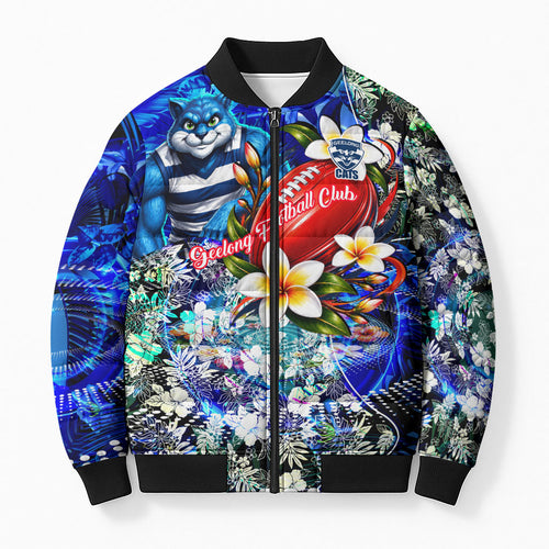 Personalized Geelong Football Cats Bomber Puffer Jacket Tropical Hibiscus Flowers - Pacific Fusion Style