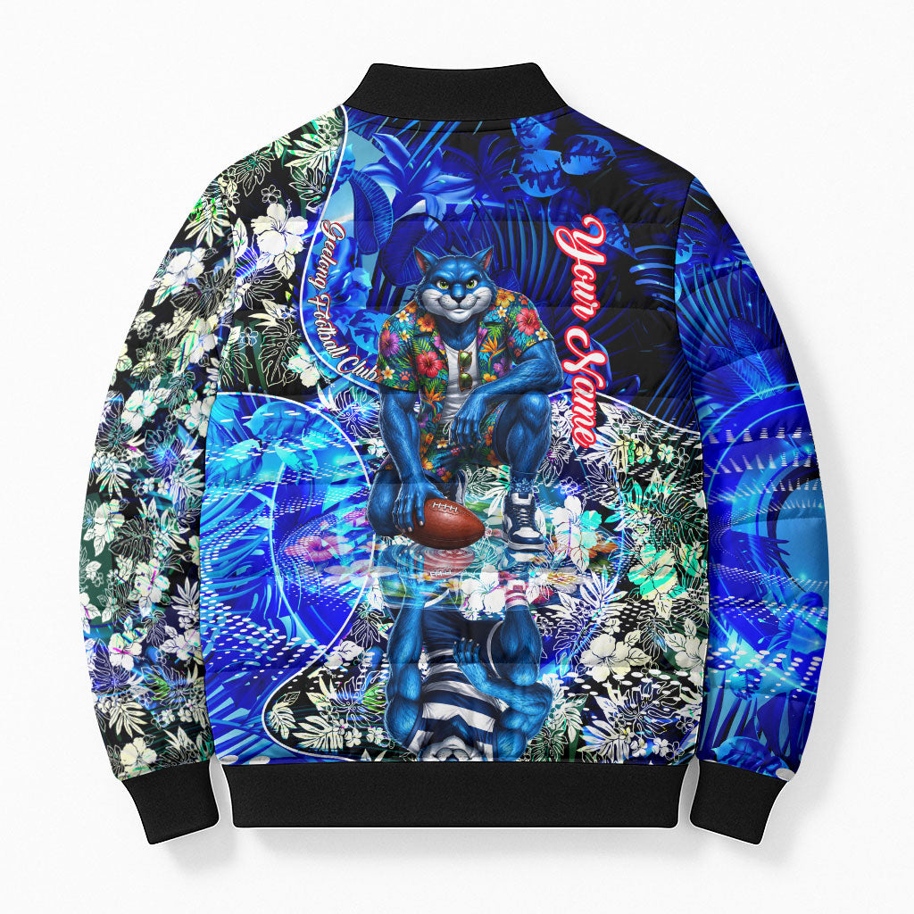 Personalized Geelong Football Cats Bomber Puffer Jacket Tropical Hibiscus Flowers - Pacific Fusion Style
