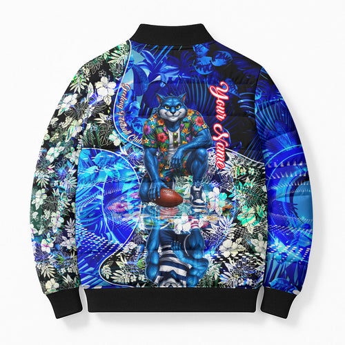 Personalized Geelong Football Cats Bomber Puffer Jacket Tropical Hibiscus Flowers - Pacific Fusion Style