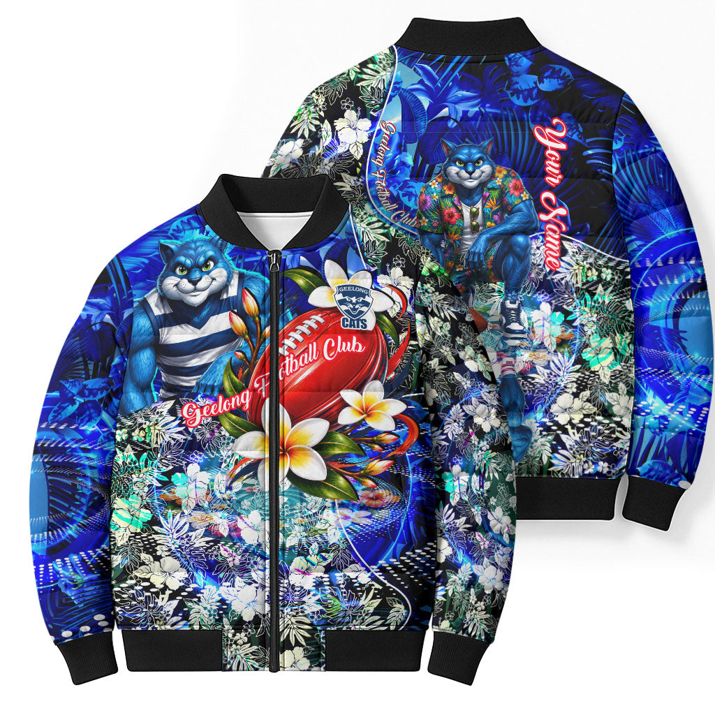 Personalized Geelong Football Cats Bomber Puffer Jacket Tropical Hibiscus Flowers - Pacific Fusion Style