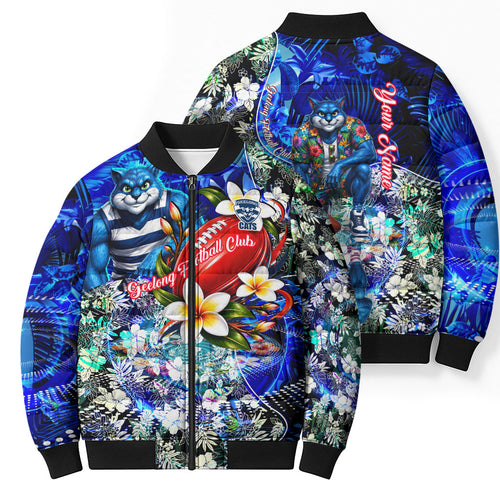 Personalized Geelong Football Cats Bomber Puffer Jacket Tropical Hibiscus Flowers - Pacific Fusion Style