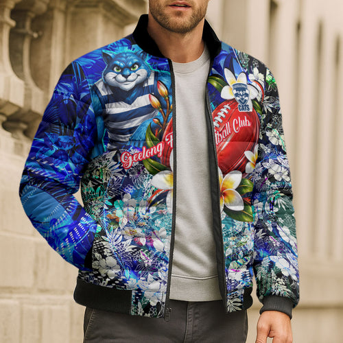 Personalized Geelong Football Cats Bomber Puffer Jacket Tropical Hibiscus Flowers - Pacific Fusion Style
