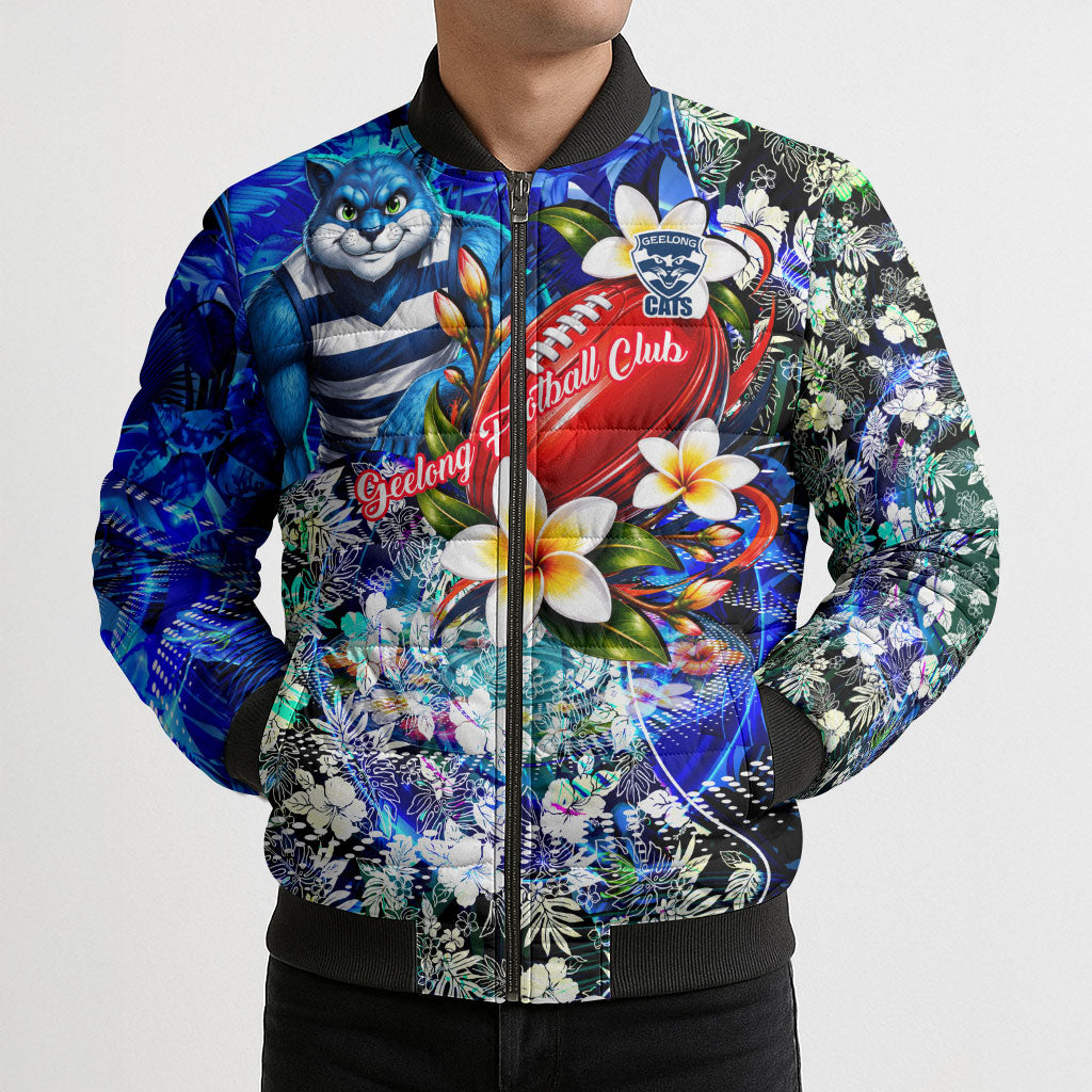 Personalized Geelong Football Cats Bomber Puffer Jacket Tropical Hibiscus Flowers - Pacific Fusion Style
