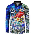 Personalized Geelong Football Cats Button Sweatshirt Tropical Hibiscus Flowers - Pacific Fusion Style