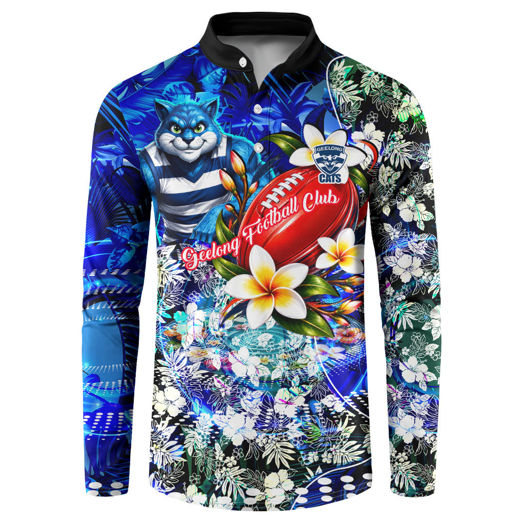 Personalized Geelong Football Cats Button Sweatshirt Tropical Hibiscus Flowers - Pacific Fusion Style