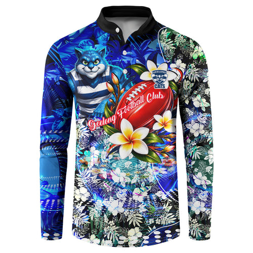 Personalized Geelong Football Cats Button Sweatshirt Tropical Hibiscus Flowers - Pacific Fusion Style