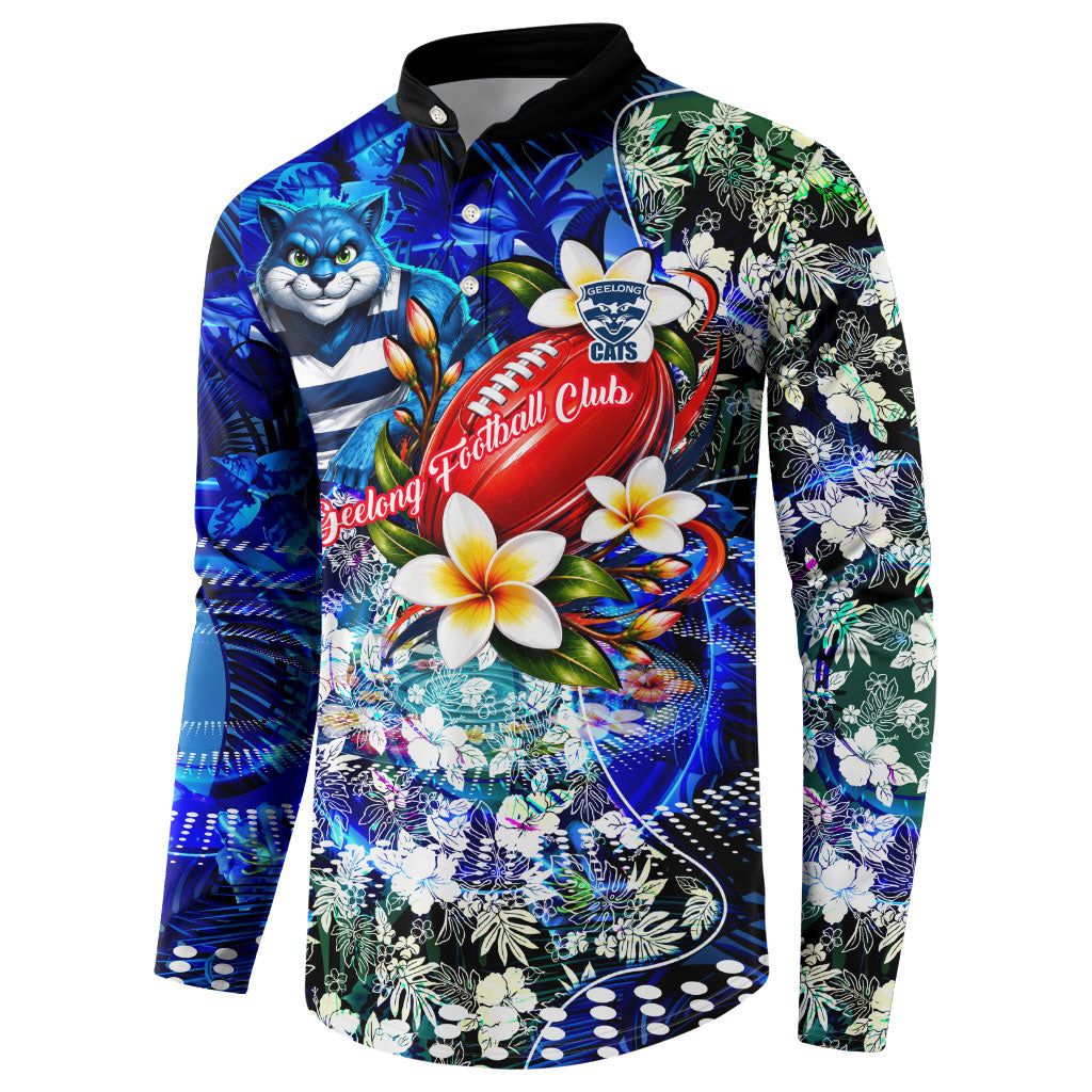 Personalized Geelong Football Cats Button Sweatshirt Tropical Hibiscus Flowers - Pacific Fusion Style
