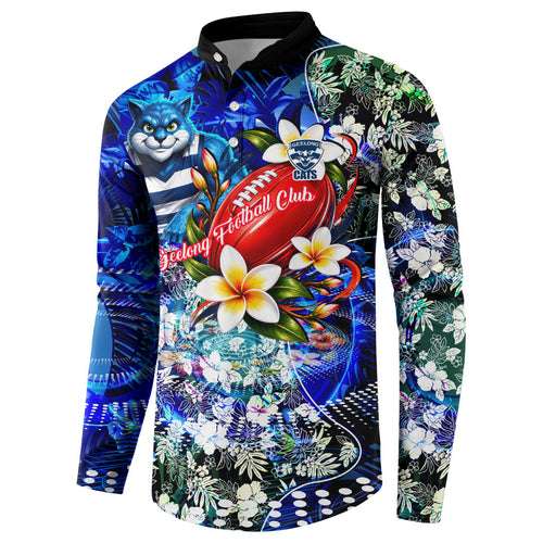 Personalized Geelong Football Cats Button Sweatshirt Tropical Hibiscus Flowers - Pacific Fusion Style