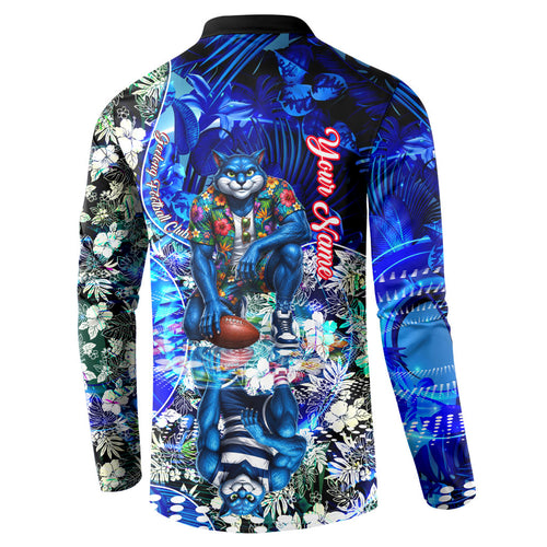 Personalized Geelong Football Cats Button Sweatshirt Tropical Hibiscus Flowers - Pacific Fusion Style