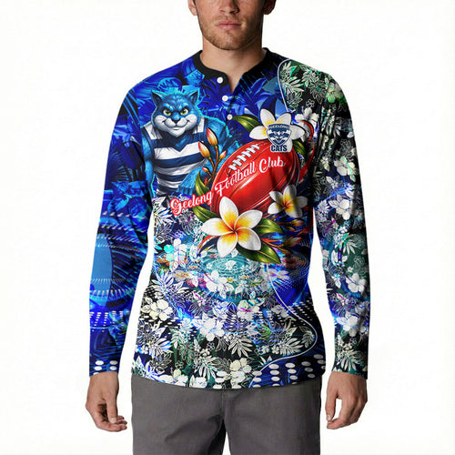 Personalized Geelong Football Cats Button Sweatshirt Tropical Hibiscus Flowers - Pacific Fusion Style