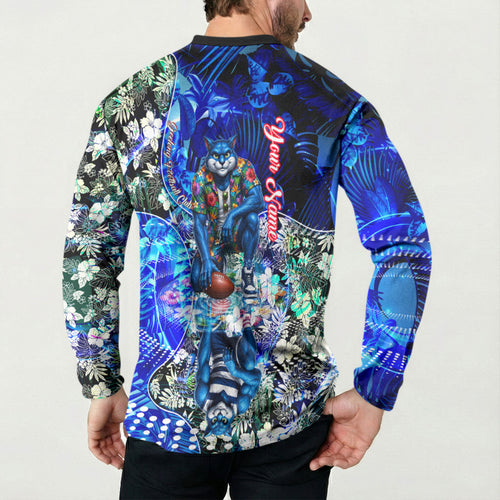 Personalized Geelong Football Cats Button Sweatshirt Tropical Hibiscus Flowers - Pacific Fusion Style