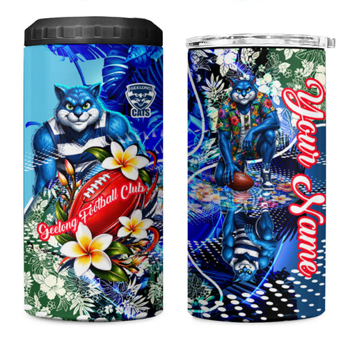 Personalized Geelong Football Cats 4 in 1 Can Cooler Tumbler Tropical Hibiscus Flowers - Pacific Fusion Style