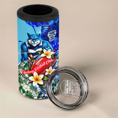 Personalized Geelong Football Cats 4 in 1 Can Cooler Tumbler Tropical Hibiscus Flowers - Pacific Fusion Style