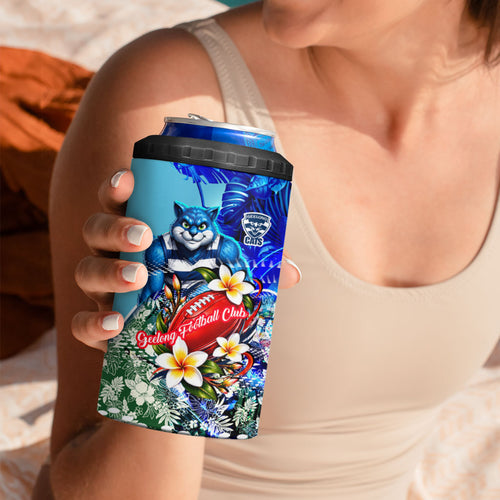 Personalized Geelong Football Cats 4 in 1 Can Cooler Tumbler Tropical Hibiscus Flowers - Pacific Fusion Style