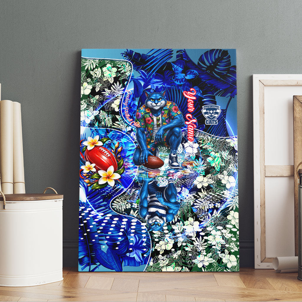 Personalized Geelong Football Cats Canvas Wall Art Tropical Hibiscus Flowers - Pacific Fusion Style
