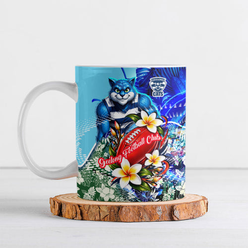 Personalized Geelong Football Cats Ceramic Mug Tropical Hibiscus Flowers - Pacific Fusion Style