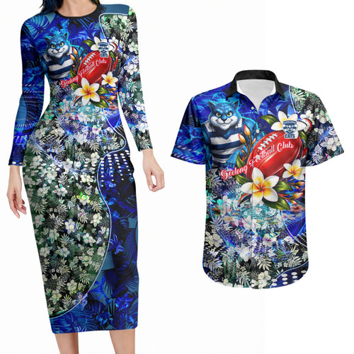Personalized Geelong Football Cats Couples Matching Long Sleeve Bodycon Dress and Hawaiian Shirt Tropical Hibiscus Flowers - Pacific Fusion Style