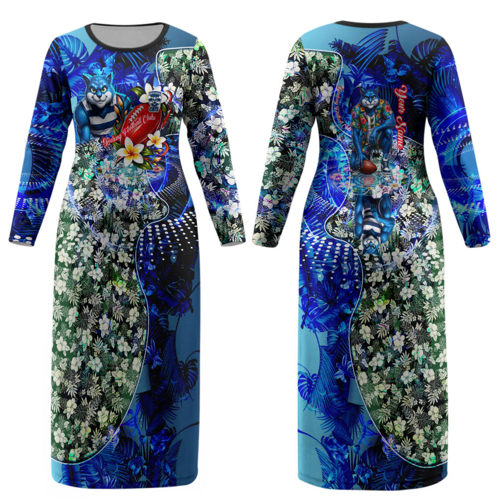Personalized Geelong Football Cats Couples Matching Long Sleeve Bodycon Dress and Hawaiian Shirt Tropical Hibiscus Flowers - Pacific Fusion Style