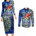Personalized Geelong Football Cats Couples Matching Long Sleeve Bodycon Dress and Long Sleeve Button Shirt Tropical Hibiscus Flowers - Pacific Fusion Style