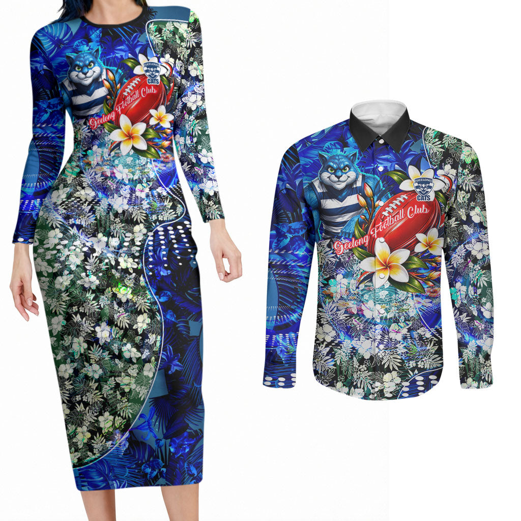 Personalized Geelong Football Cats Couples Matching Long Sleeve Bodycon Dress and Long Sleeve Button Shirt Tropical Hibiscus Flowers - Pacific Fusion Style