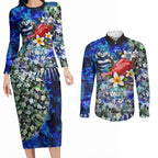 Personalized Geelong Football Cats Couples Matching Long Sleeve Bodycon Dress and Long Sleeve Button Shirt Tropical Hibiscus Flowers - Pacific Fusion Style