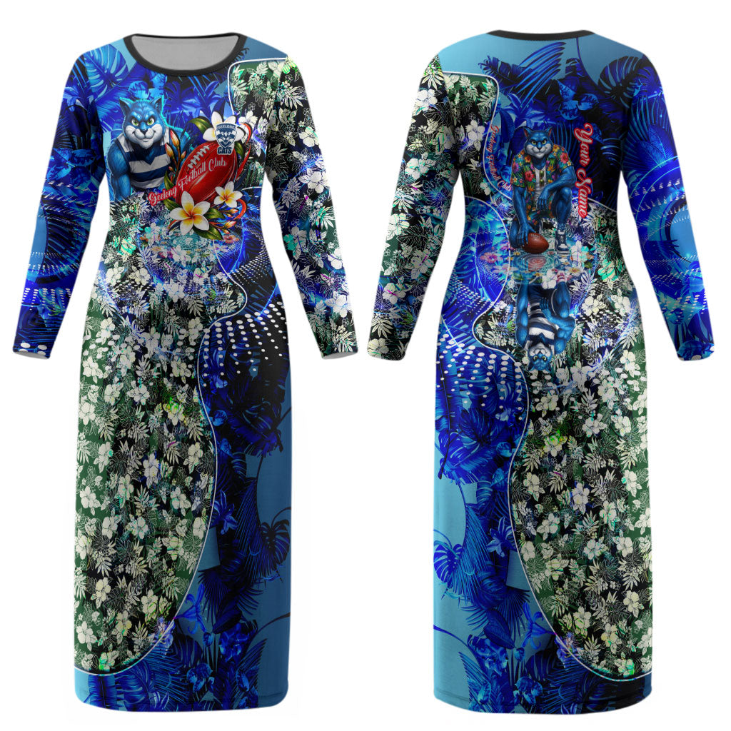 Personalized Geelong Football Cats Couples Matching Long Sleeve Bodycon Dress and Long Sleeve Button Shirt Tropical Hibiscus Flowers - Pacific Fusion Style