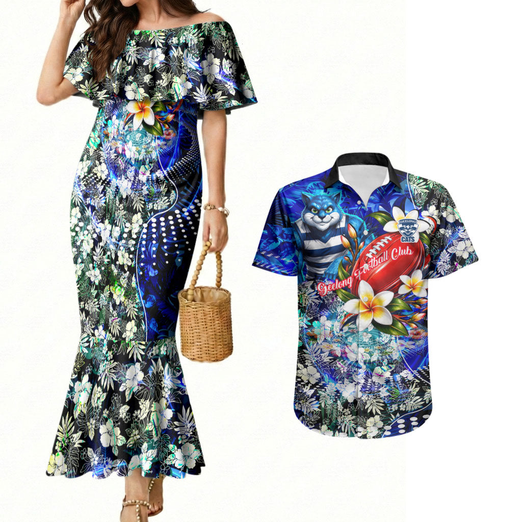 Personalized Geelong Football Cats Couples Matching Mermaid Dress and Hawaiian Shirt Tropical Hibiscus Flowers - Pacific Fusion Style