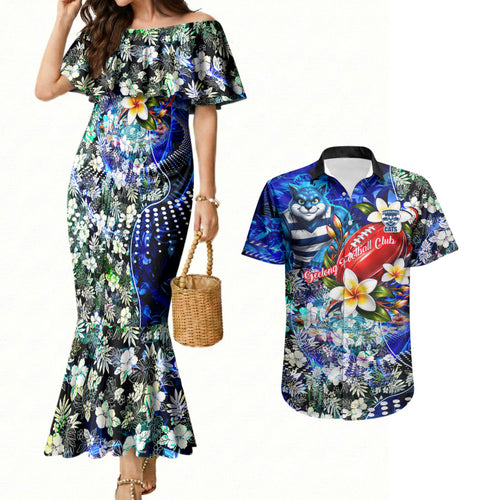 Personalized Geelong Football Cats Couples Matching Mermaid Dress and Hawaiian Shirt Tropical Hibiscus Flowers - Pacific Fusion Style