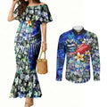 Personalized Geelong Football Cats Couples Matching Mermaid Dress and Long Sleeve Button Shirt Tropical Hibiscus Flowers - Pacific Fusion Style