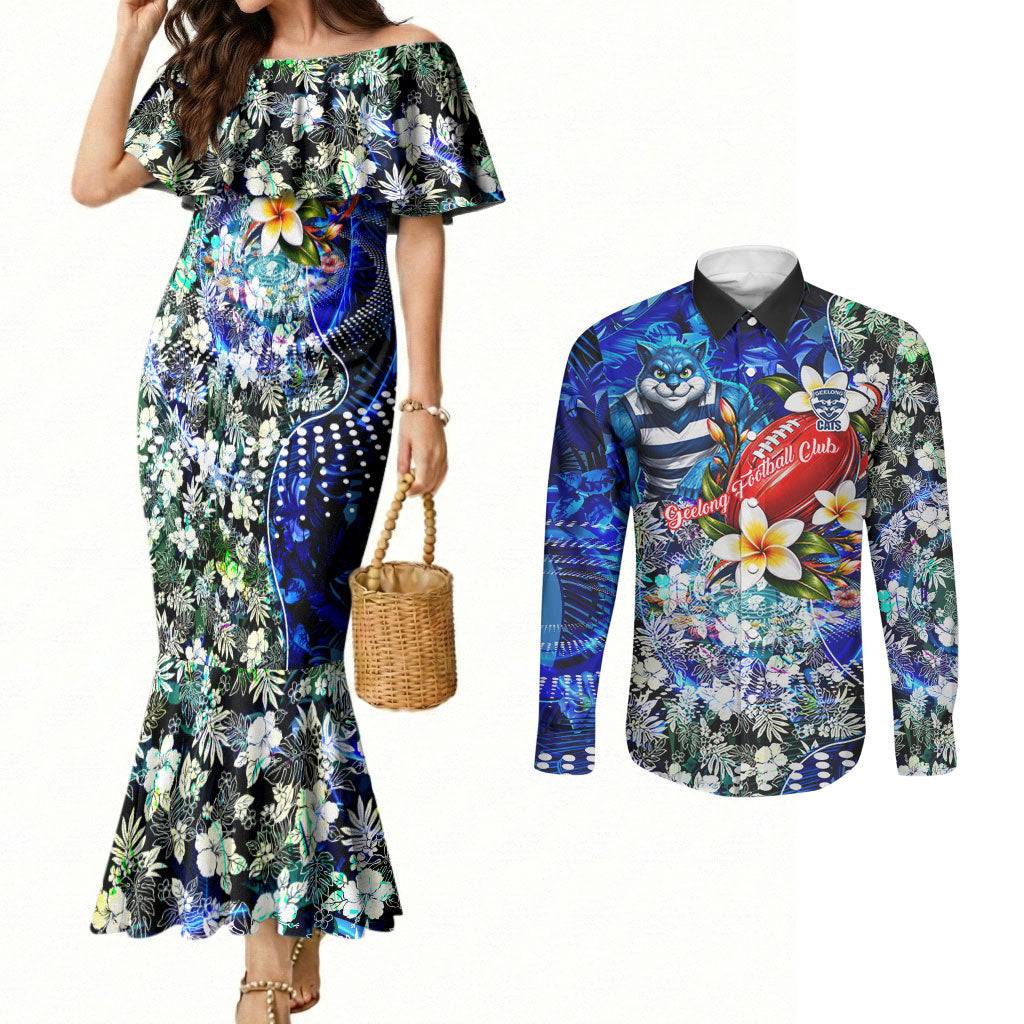 Personalized Geelong Football Cats Couples Matching Mermaid Dress and Long Sleeve Button Shirt Tropical Hibiscus Flowers - Pacific Fusion Style
