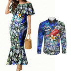 Personalized Geelong Football Cats Couples Matching Mermaid Dress and Long Sleeve Button Shirt Tropical Hibiscus Flowers - Pacific Fusion Style