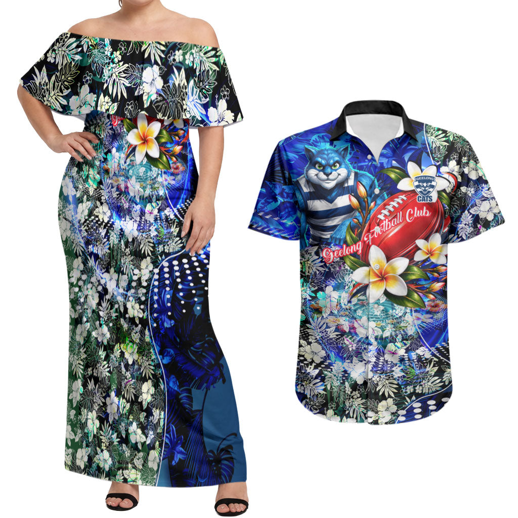 Personalized Geelong Football Cats Couples Matching Off Shoulder Maxi Dress and Hawaiian Shirt Tropical Hibiscus Flowers - Pacific Fusion Style
