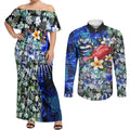 Personalized Geelong Football Cats Couples Matching Off Shoulder Maxi Dress and Long Sleeve Button Shirt Tropical Hibiscus Flowers - Pacific Fusion Style
