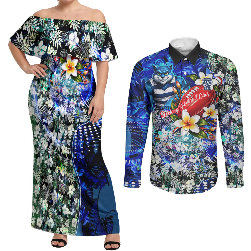Personalized Geelong Football Cats Couples Matching Off Shoulder Maxi Dress and Long Sleeve Button Shirt Tropical Hibiscus Flowers - Pacific Fusion Style
