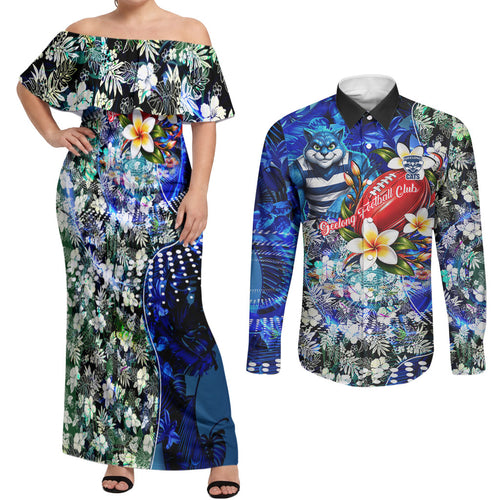 Personalized Geelong Football Cats Couples Matching Off Shoulder Maxi Dress and Long Sleeve Button Shirt Tropical Hibiscus Flowers - Pacific Fusion Style