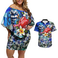 Personalized Geelong Football Cats Couples Matching Off Shoulder Short Dress and Hawaiian Shirt Tropical Hibiscus Flowers - Pacific Fusion Style