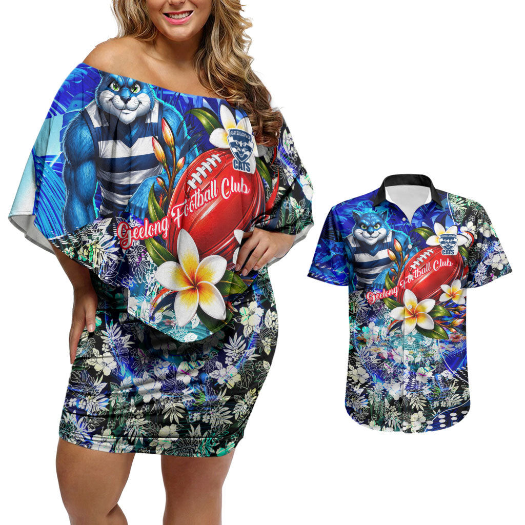 Personalized Geelong Football Cats Couples Matching Off Shoulder Short Dress and Hawaiian Shirt Tropical Hibiscus Flowers - Pacific Fusion Style