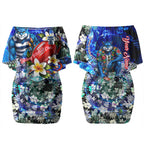 Personalized Geelong Football Cats Couples Matching Off Shoulder Short Dress and Hawaiian Shirt Tropical Hibiscus Flowers - Pacific Fusion Style