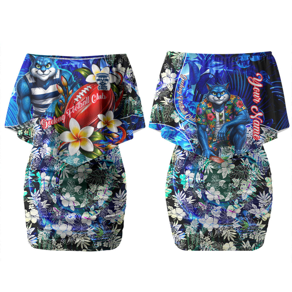 Personalized Geelong Football Cats Couples Matching Off Shoulder Short Dress and Hawaiian Shirt Tropical Hibiscus Flowers - Pacific Fusion Style