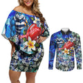 Personalized Geelong Football Cats Couples Matching Off Shoulder Short Dress and Long Sleeve Button Shirt Tropical Hibiscus Flowers - Pacific Fusion Style