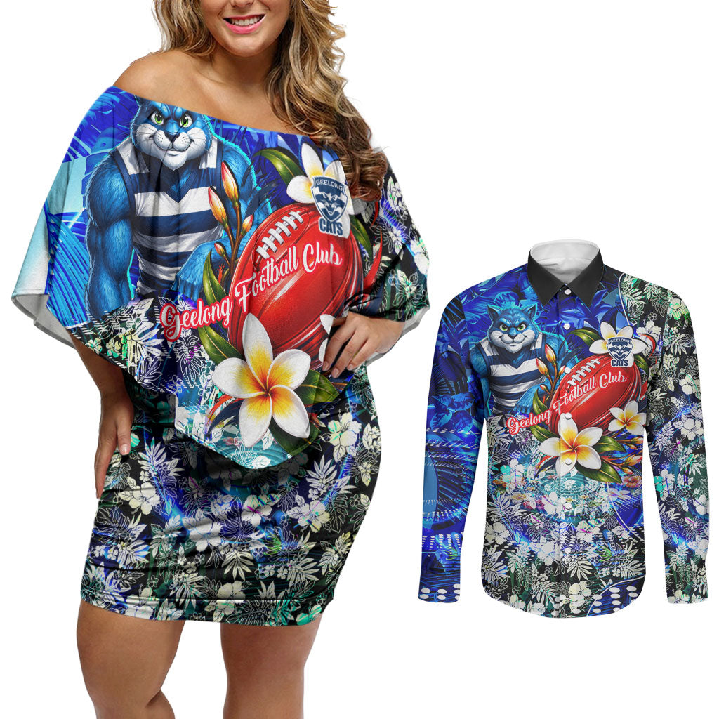 Personalized Geelong Football Cats Couples Matching Off Shoulder Short Dress and Long Sleeve Button Shirt Tropical Hibiscus Flowers - Pacific Fusion Style