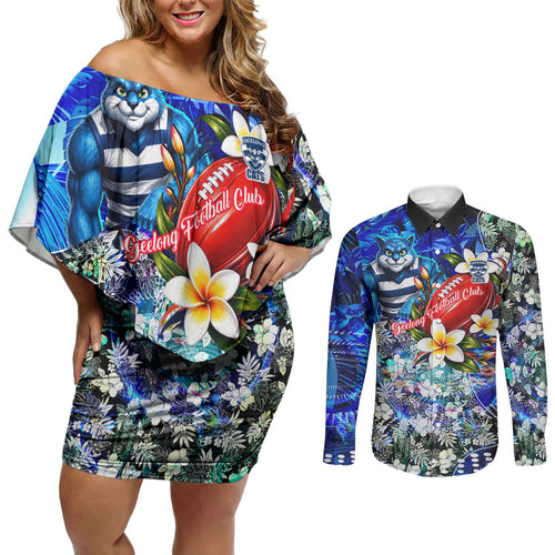 Personalized Geelong Football Cats Couples Matching Off Shoulder Short Dress and Long Sleeve Button Shirt Tropical Hibiscus Flowers - Pacific Fusion Style